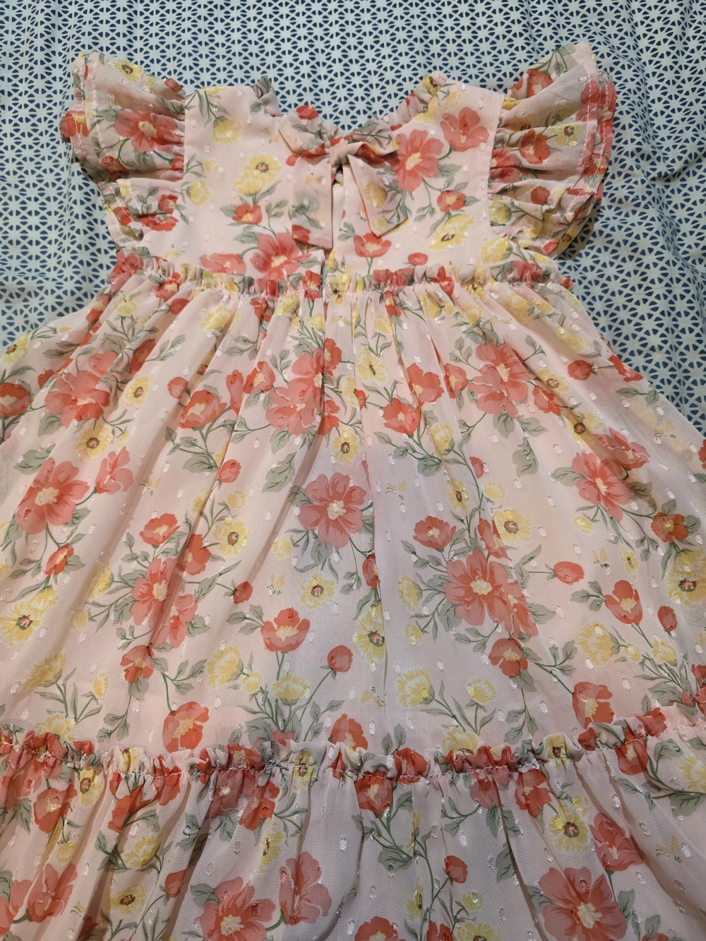 Girls' Peach Floral Ruffle-Sleeve Dress - Picture 7 of 10